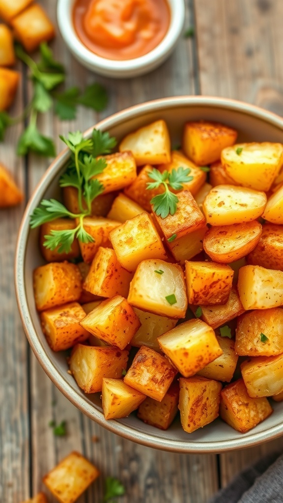 Crispy Air Fryer Diced Potatoes Recipe Crispy diced potatoes from the air fryer, garnished with parsley, on a rustic table with dipping sauce.